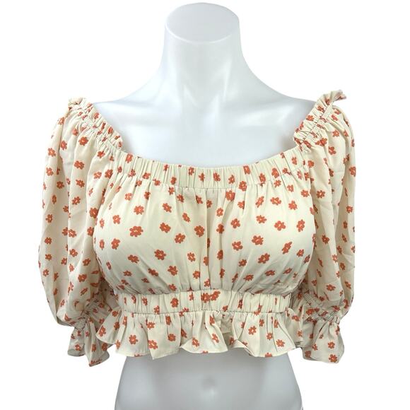 Sabo Skirt Tops - Sabo Skirt Cream Orange Floral Half Puff Sleeve Boho Ruffle Crop Blouse Top Sz M